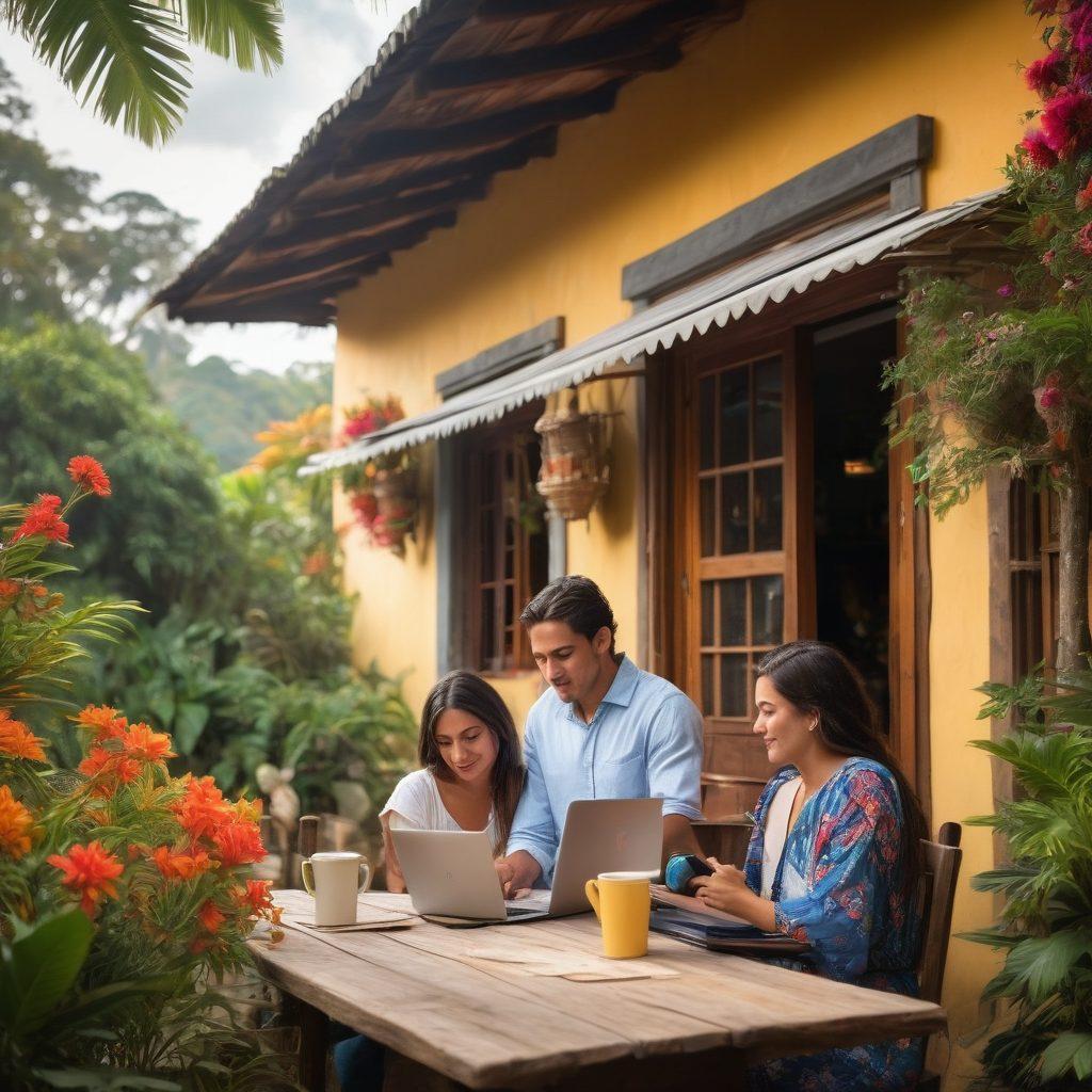 A couple sitting at a rustic café table in Guatemala, surrounded by lush greenery and vibrant flowers, reviewing visa applications together with laptops and coffee. In the background, colorful colonial architecture and local vendors add cultural richness. Soft sunlight filters through the trees, creating a warm and inviting atmosphere. Illustrate the emotion of love and teamwork on their faces. super-realistic. vibrant colors.