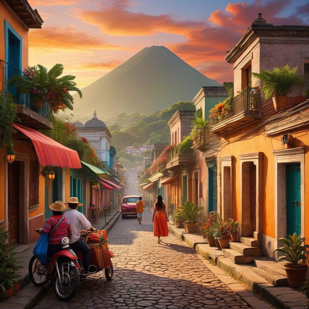 A colorful Guatemalan street scene featuring a couple exploring vibrant markets, traditional textiles, and local street food. Include lush greenery, historic architecture in the background, and joyful locals interacting with the couple to highlight cultural immersion. Set against a bright sunset sky to evoke romance and adventure. super-realistic. vibrant colors. 3D.