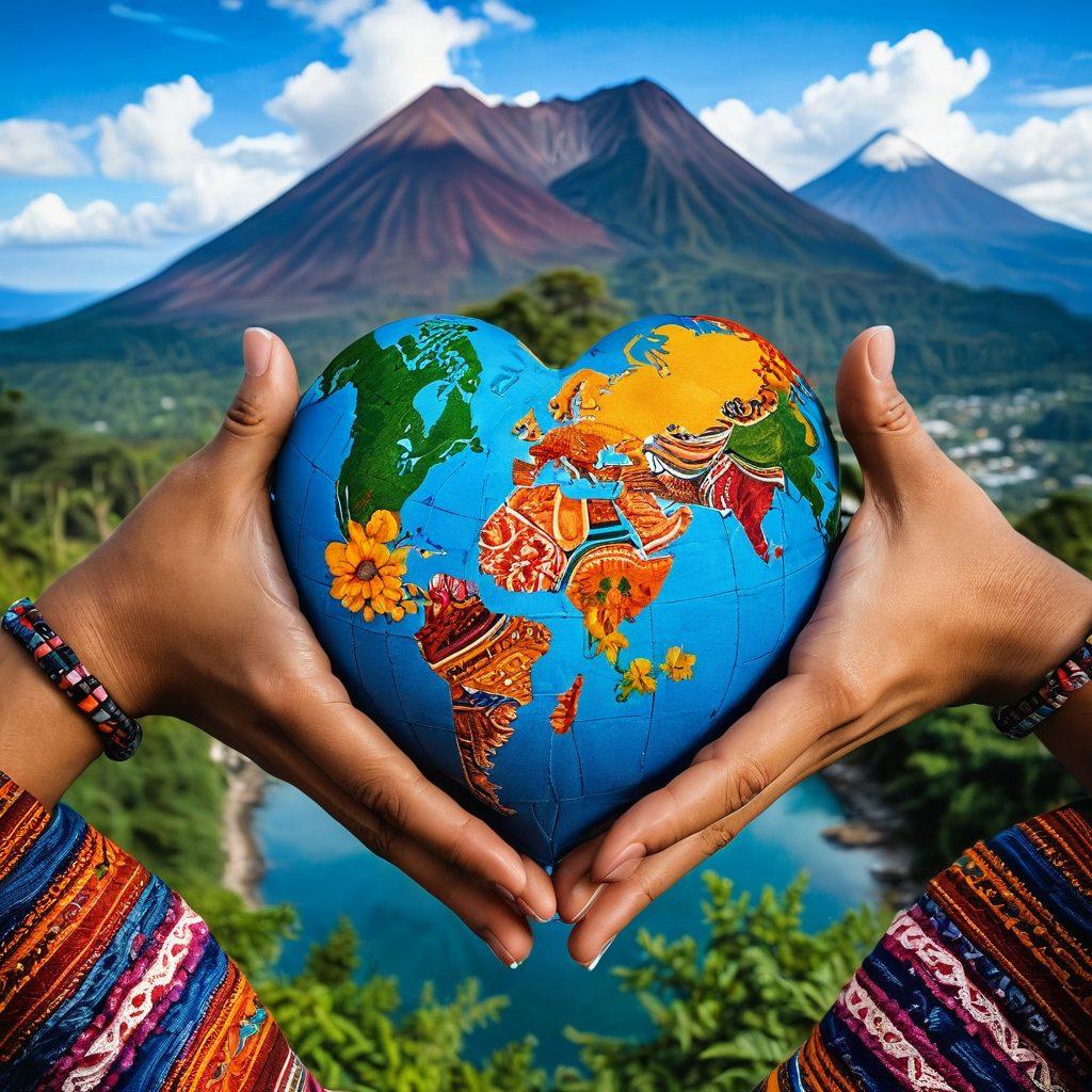 A heart-shaped globe symbolizing international love, interwoven with traditional Guatemalan textiles and patterns. Show two hands reaching out from opposite sides, one displaying traditional Guatemalan jewelry and the other featuring a global map. Include vibrant landscapes of Guatemala in the background, like volcanoes and lush greenery, to capture the essence of the culture. Bright and multicultural tones, blending elements of romance and exploration. super-realistic. vibrant colors.